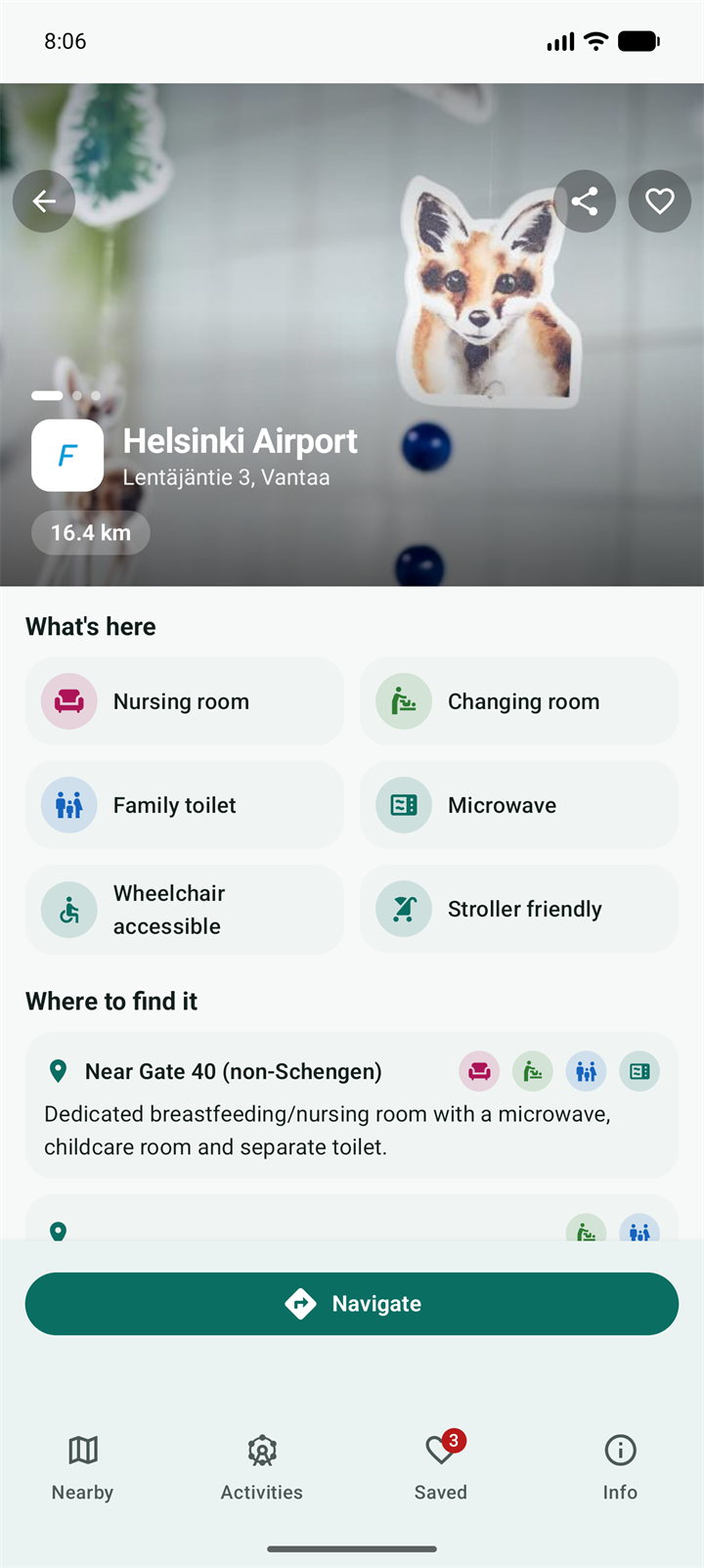 Nookin tietonäkymä — Helsinki-Vantaan lentoasema, imetyshuone portin 40 lähellä