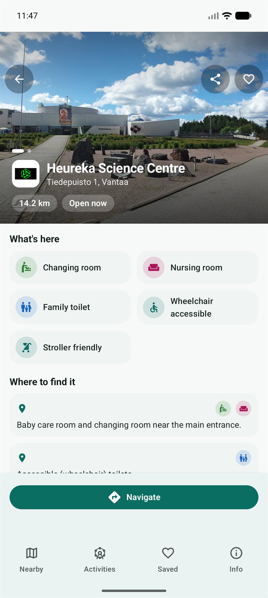 Nookin tietonäkymä — Heureka, Vantaa: hoitohuone, imetyshuone, esteetön WC, aukioloajat ja aito paikkakuva
