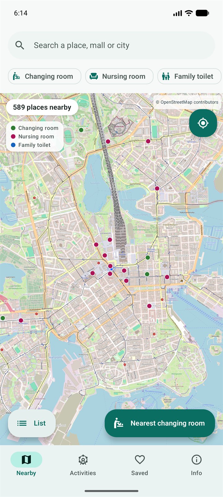 Nookin kartta Helsingin keskustasta — 582 vauvanhoitopaikkaa nastoina ja Lähin hoitohuone -nappi